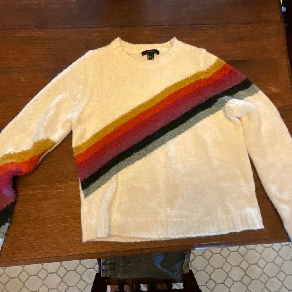 Forever 21 white w/multi color stripes women junior medium sweater